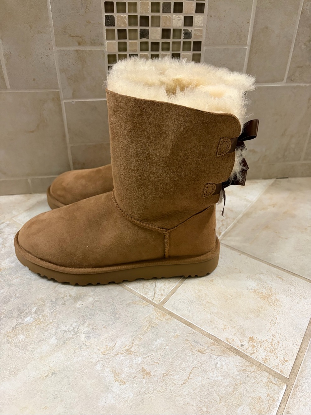 UGG Women's Chestnut Suede Shearling Back-Bow Boots - Picture 2 of 6